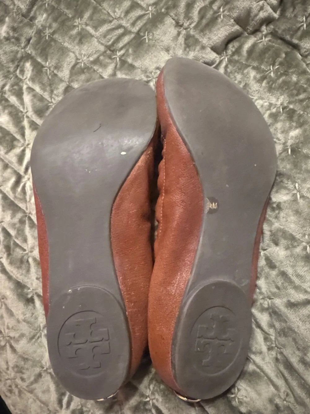 Tory Burch Brown Leather Ballet Flats with Gold Logo Hardware